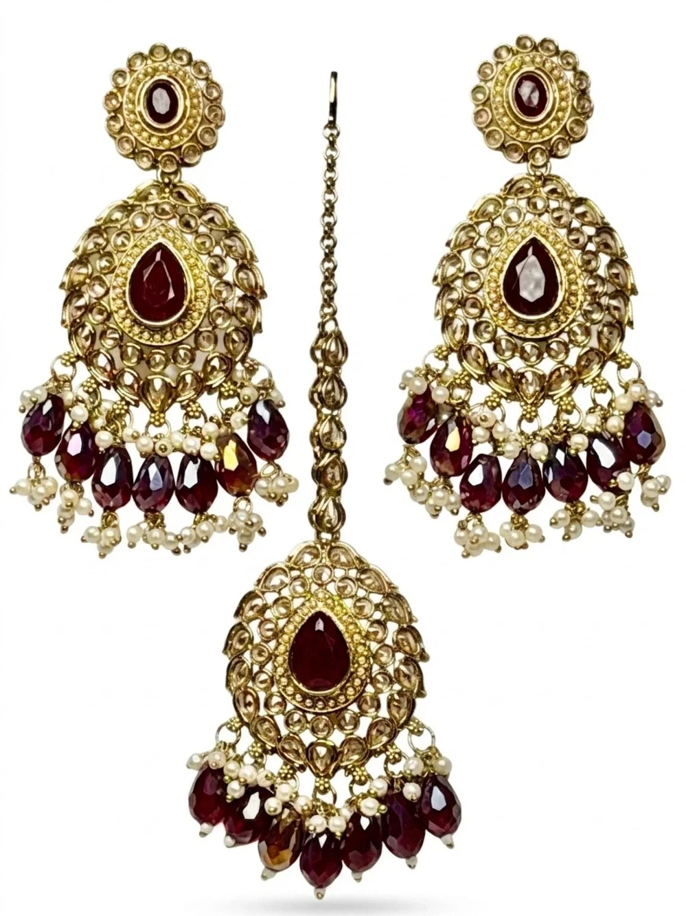 Gold-Tone Red Teardrop Maang Tikka & Earrings Set - Women Jewelry